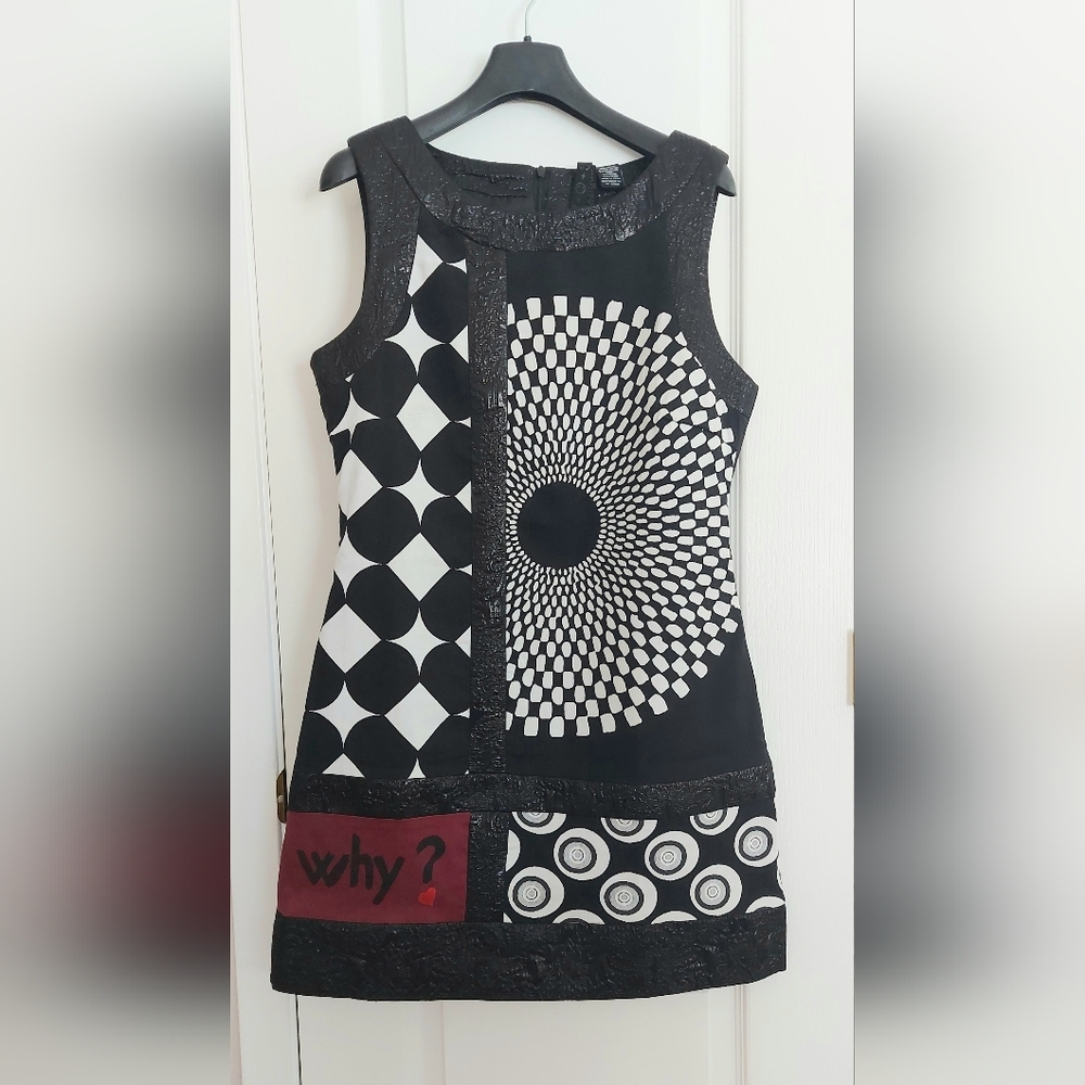 Desigual Black White Geometric Patchwork Shift Dress with Red Accent